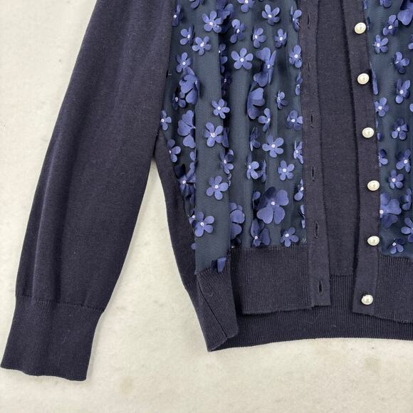 Karl Lagerfeld Paris Cardigan Sweater Size L Blue Sheer Front 3D Flowers - Picture 4 of 12